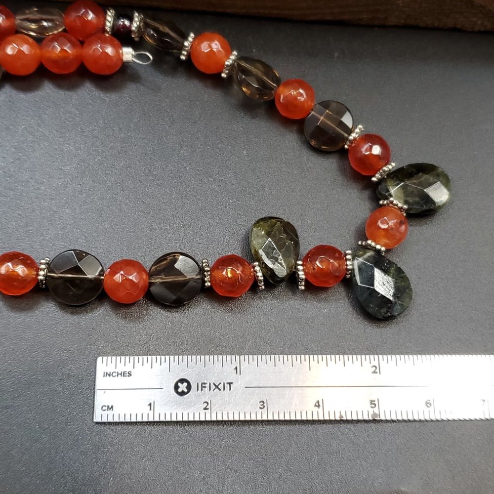Hangs 15 Inches Slip On Sterling Silver Moss Agate And Smoky Quartz Stone Neckla - Picture 6 of 7